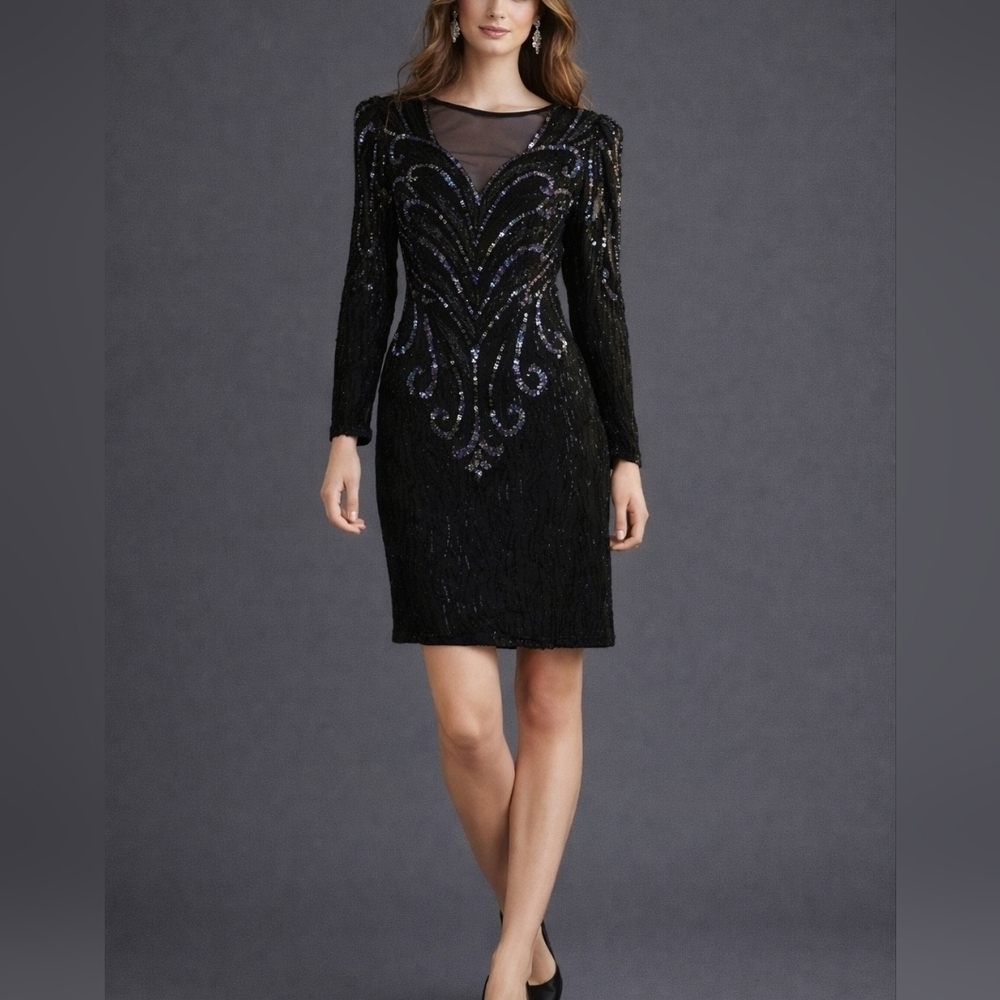 VTG AJ BARI 1980s Great Gatsby Heavily Beaded Sequin Silk Power Dress